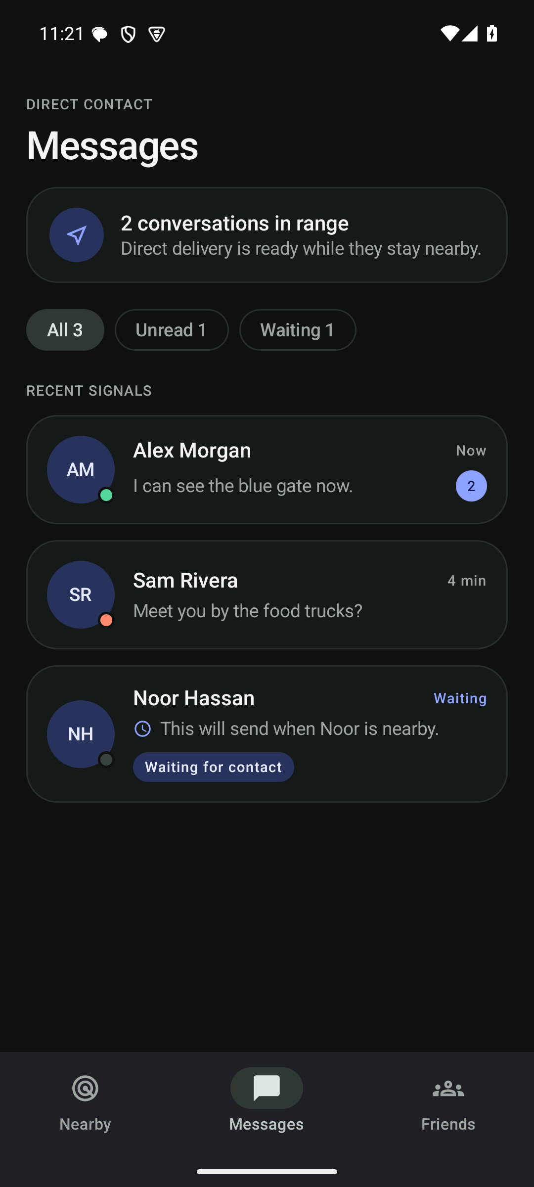 Offgrid messages screen in dark mode with a queued message