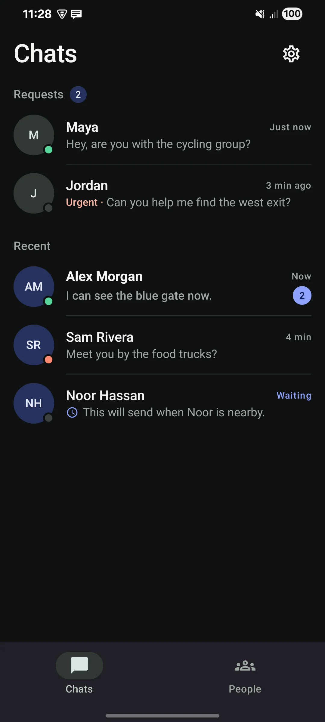 Offgrid Chats screen with requests and recent conversations