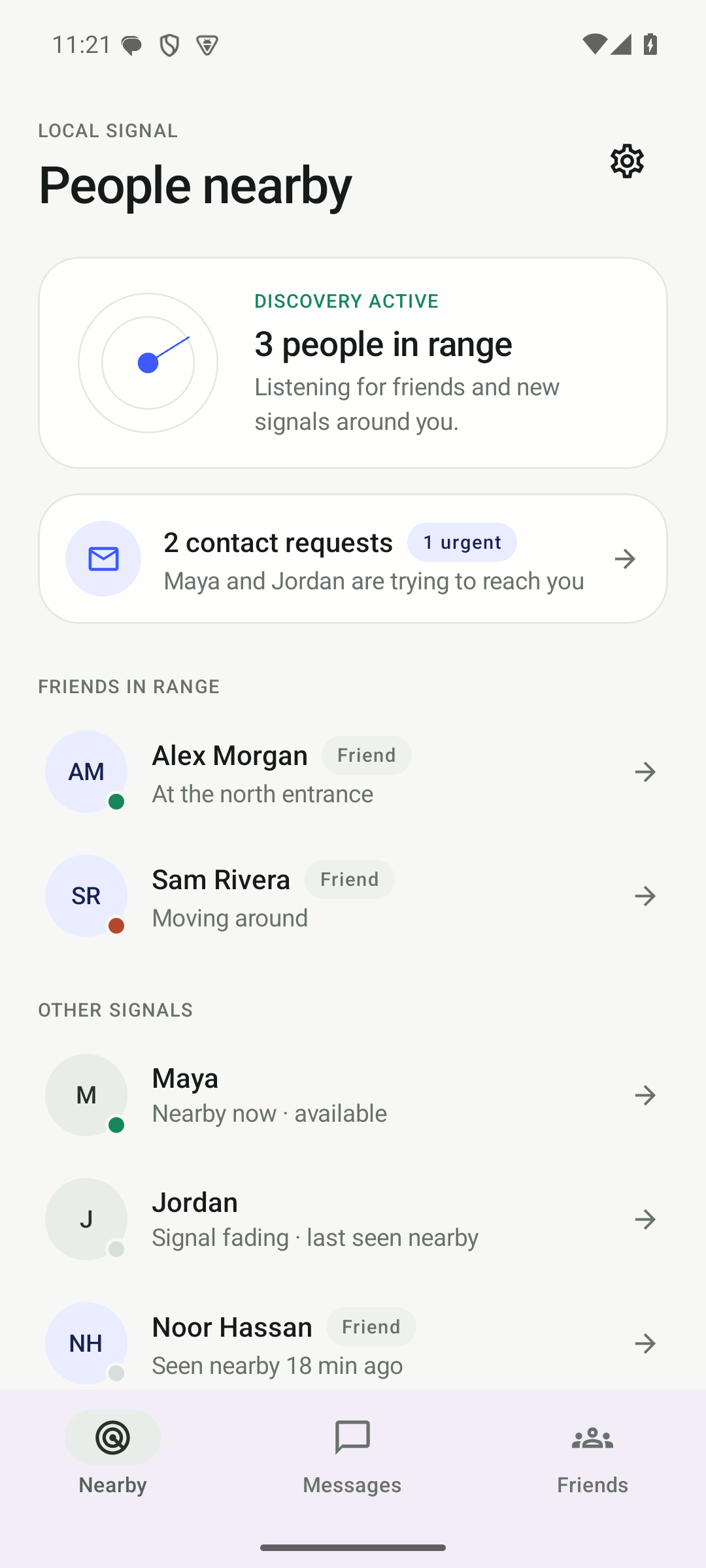 Offgrid nearby screen showing three people in range
