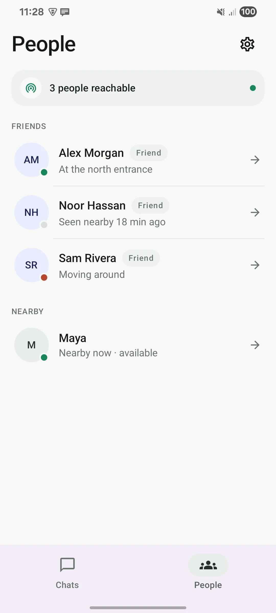 Offgrid People screen showing friends and nearby users